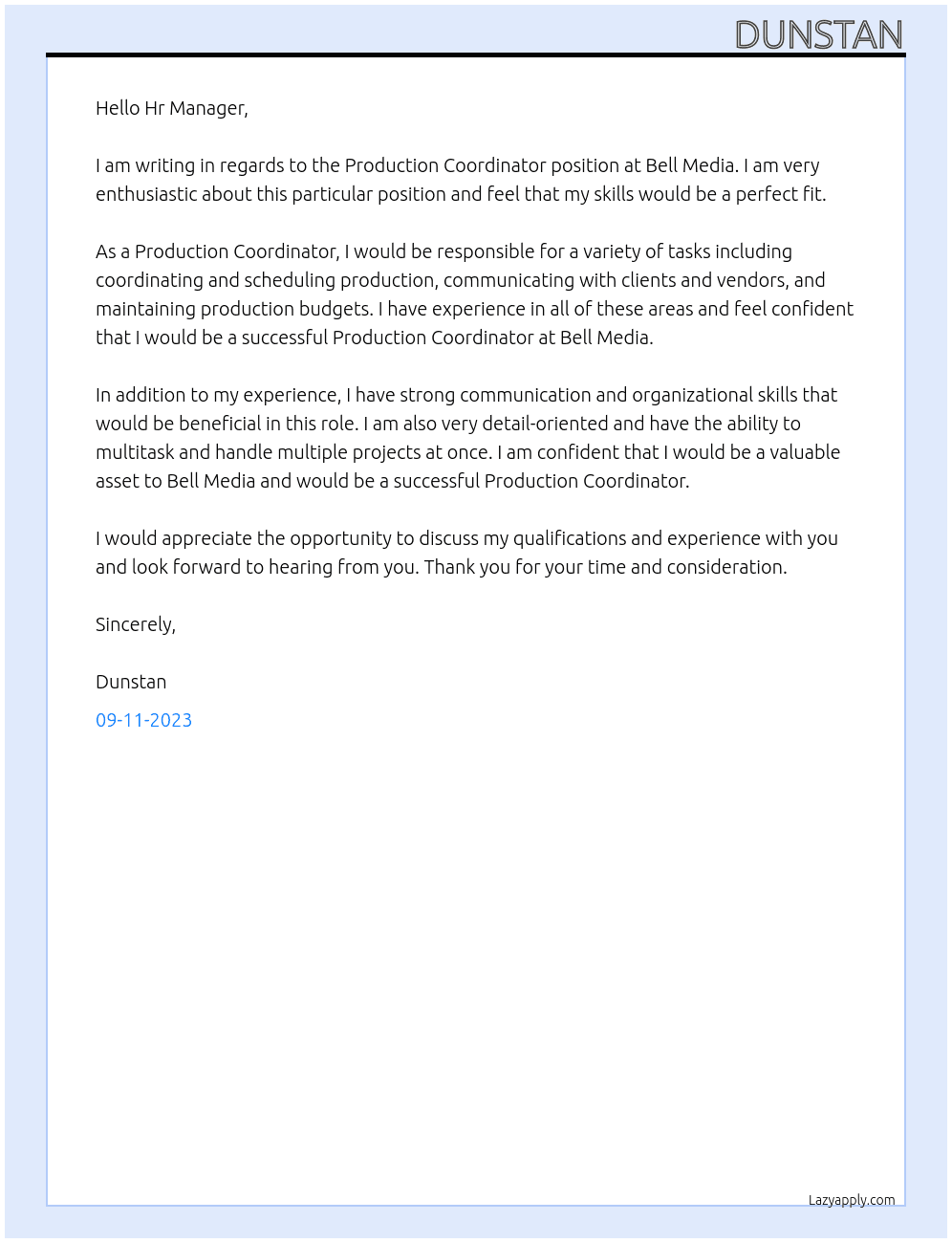 Production Coordinator At Bell Media Cover Letter