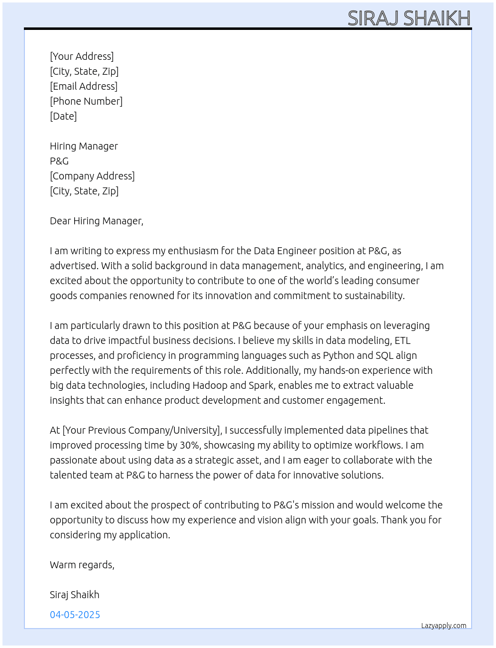 Data Engineer At P&G Cover Letter