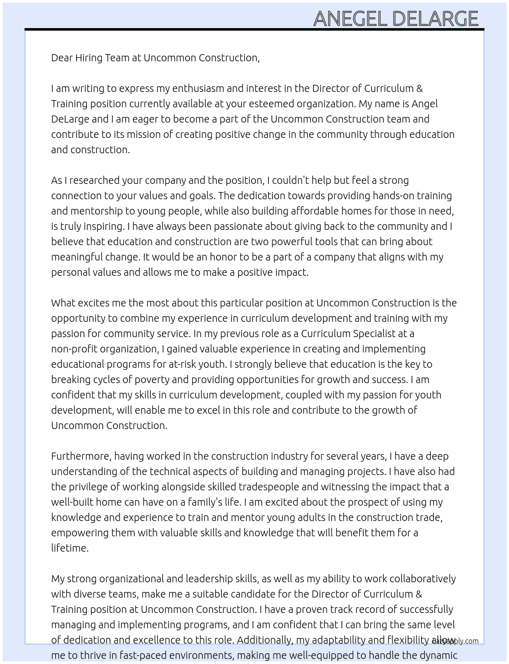 Director of Curriculum & Training  At Uncommon Construction  Cover Letter