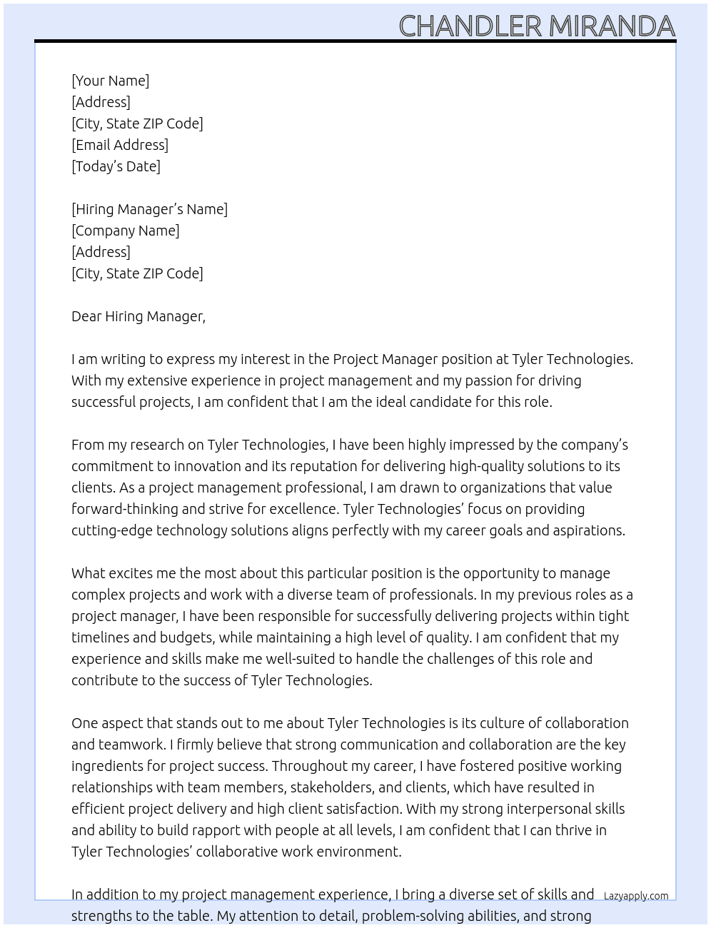 Project Manager At Tyler Technologies Cover Letter