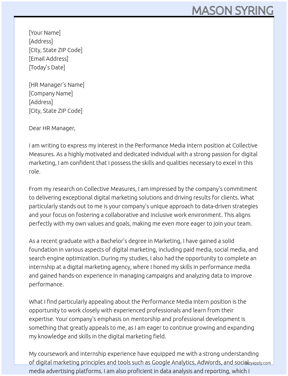 Performance Media Intern At Collective Measures Cover Letter