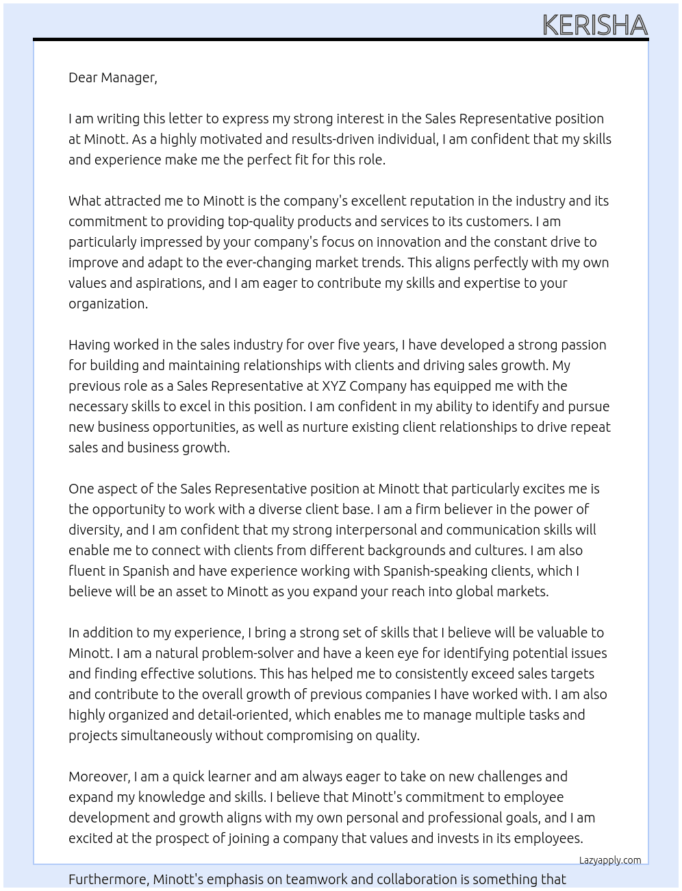 sales representative At Minott Cover Letter