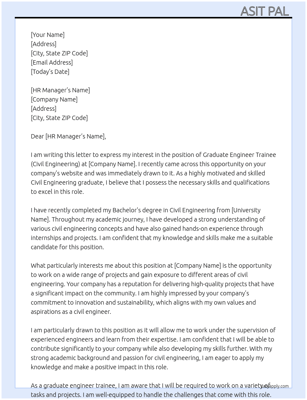 Graduate engineer trainee ( Civil engineering) At civil engineering  Cover Letter