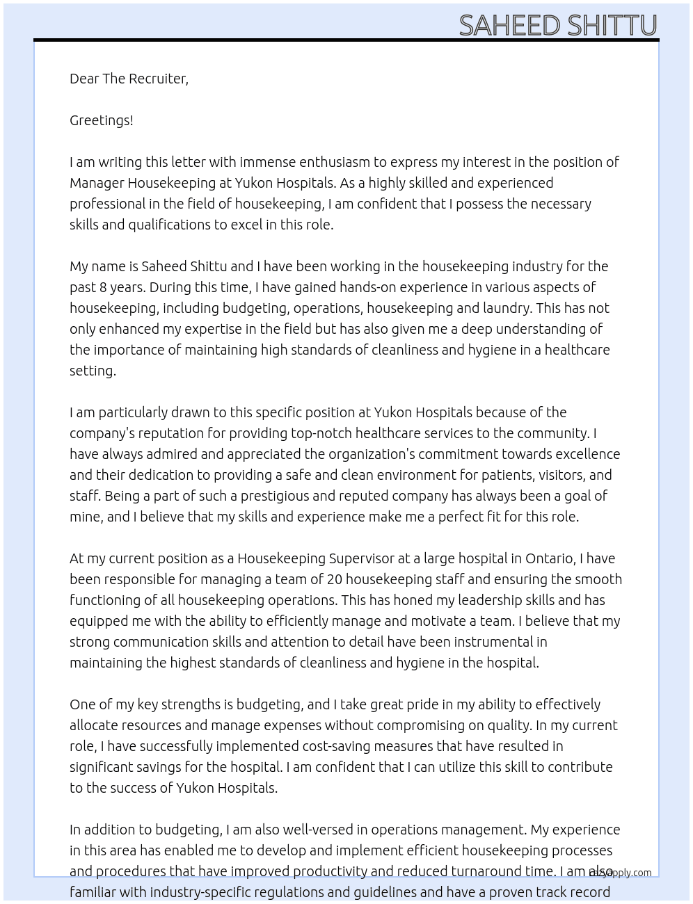 Manager Housekeeping At Yukon Hospitals Cover Letter