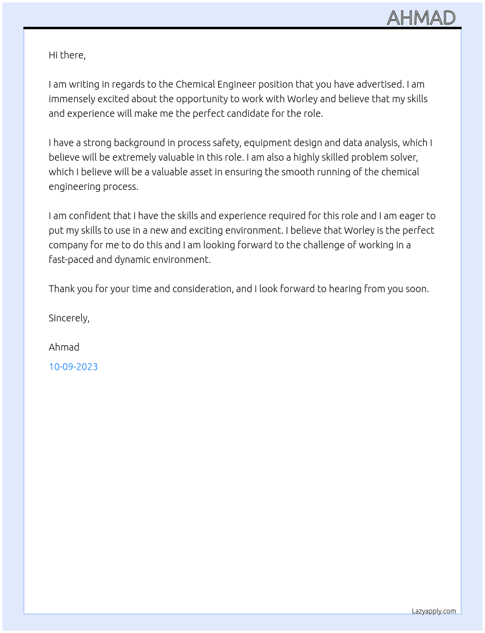 chemical engineer  At worley  Cover Letter