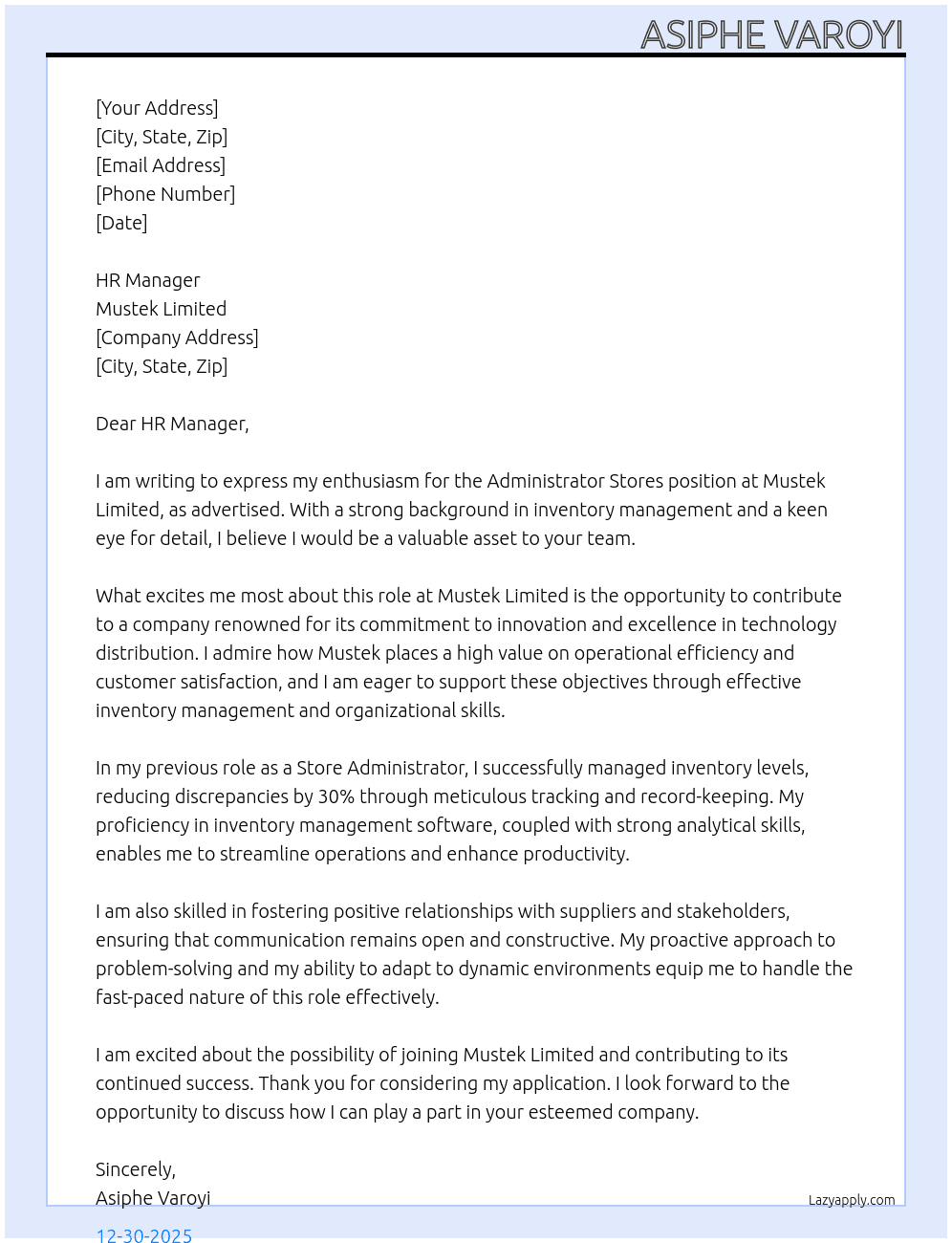 Administrator Stores At Mustek Limited Cover Letter