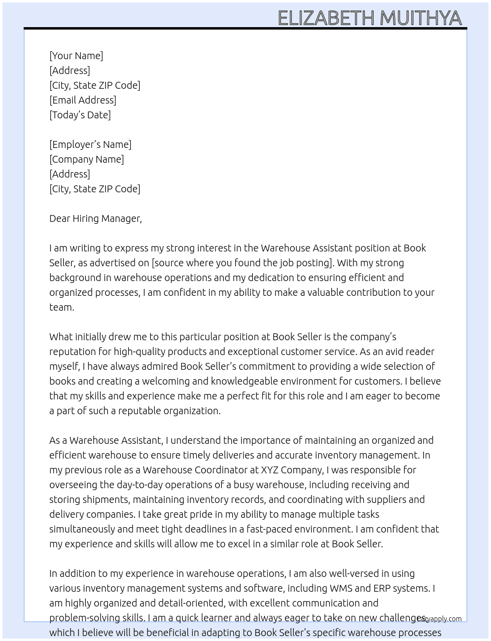 Warehouse assistant  At Book seller Cover Letter