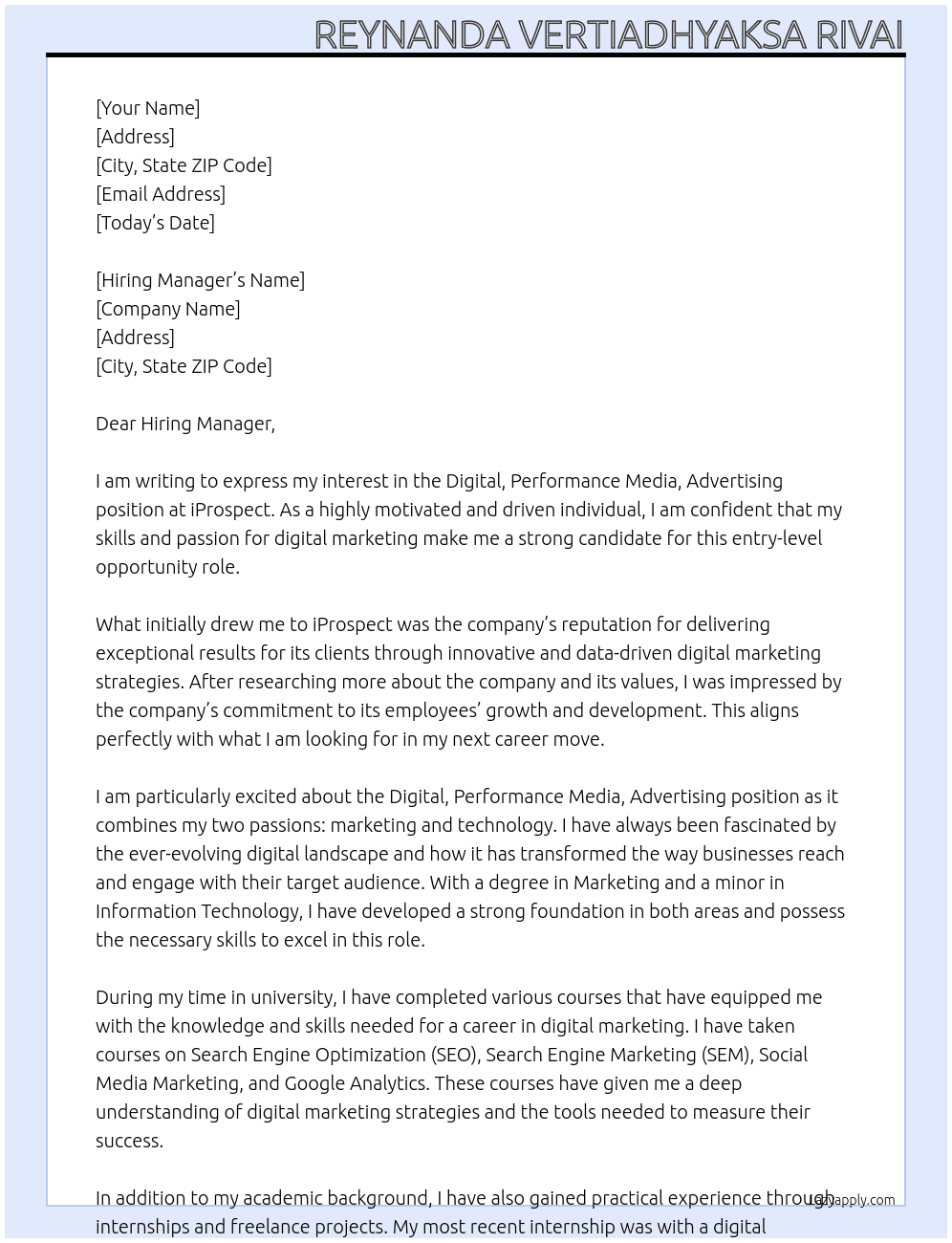 Digital, Performance Media, Advertising At iProspect Cover Letter