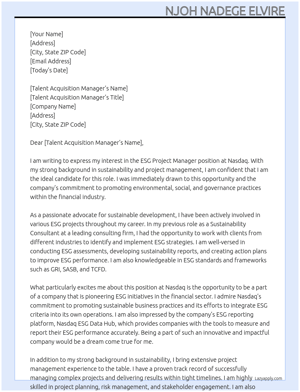 ESG Project Manager At Nasdaq Cover Letter