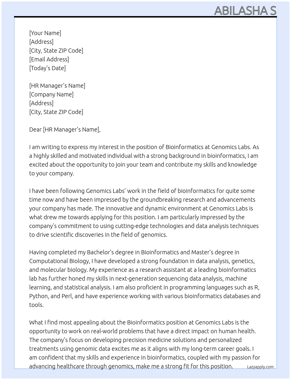 bio informatics At genomics labs Cover Letter