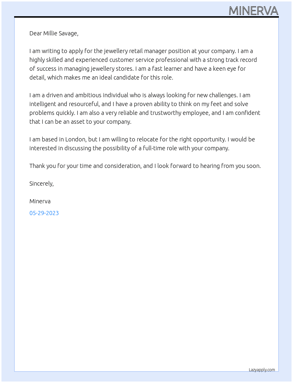 jewellery retail manager At Millie Savage Cover Letter