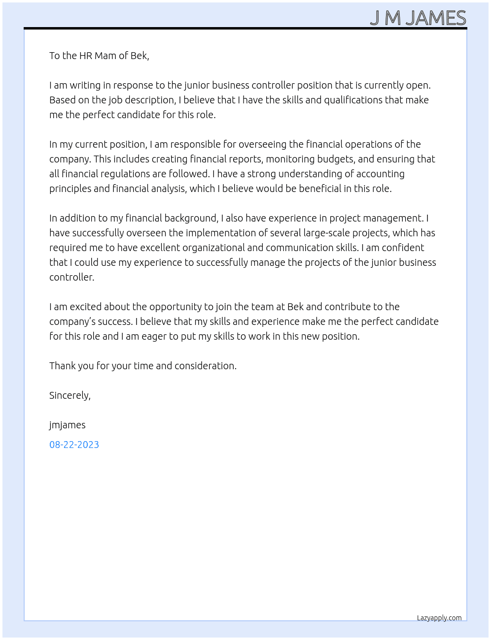 Junior Business Controller At bek Cover Letter