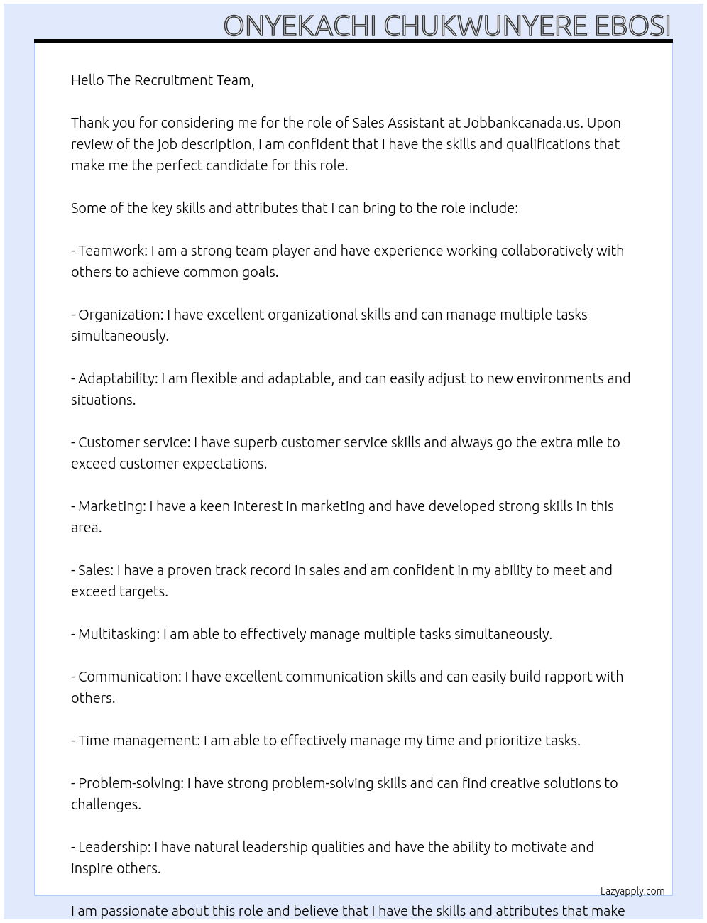SALES ASSISTANT At Jobbankcanada.us Cover Letter