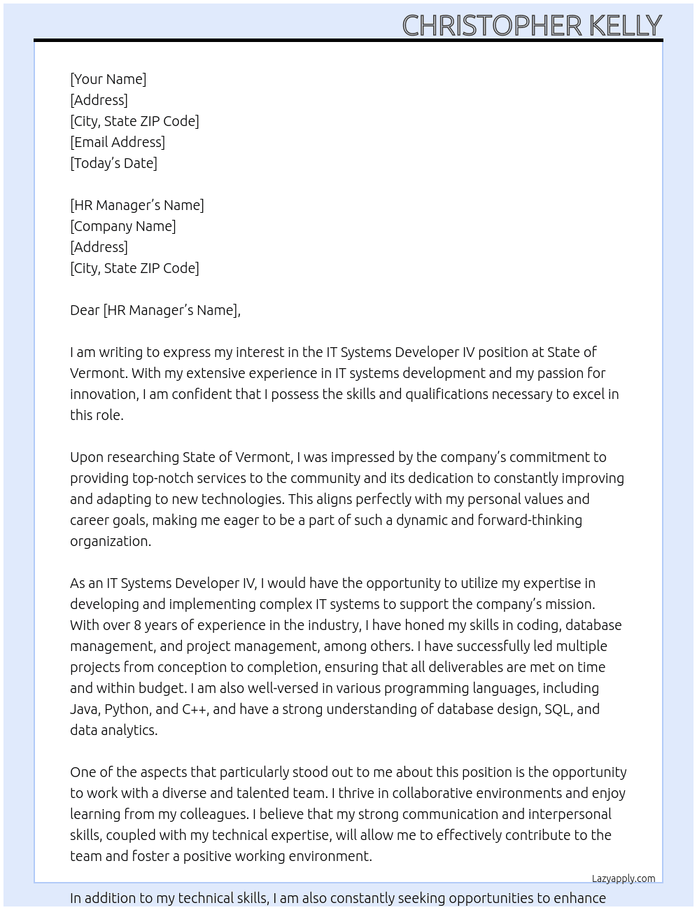 IT Systems Developer IV At State of Vermont Cover Letter