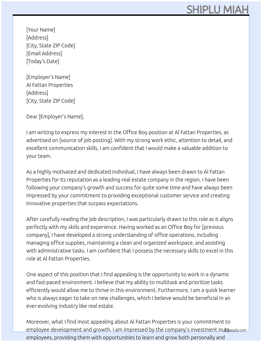 Office Boy At Al Fattan Properties Cover Letter