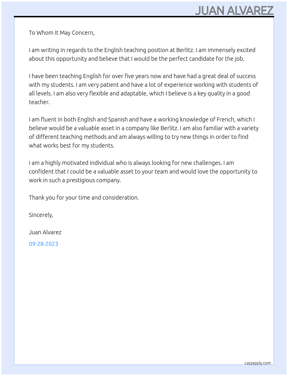 english teacher At Berlitz Cover Letter