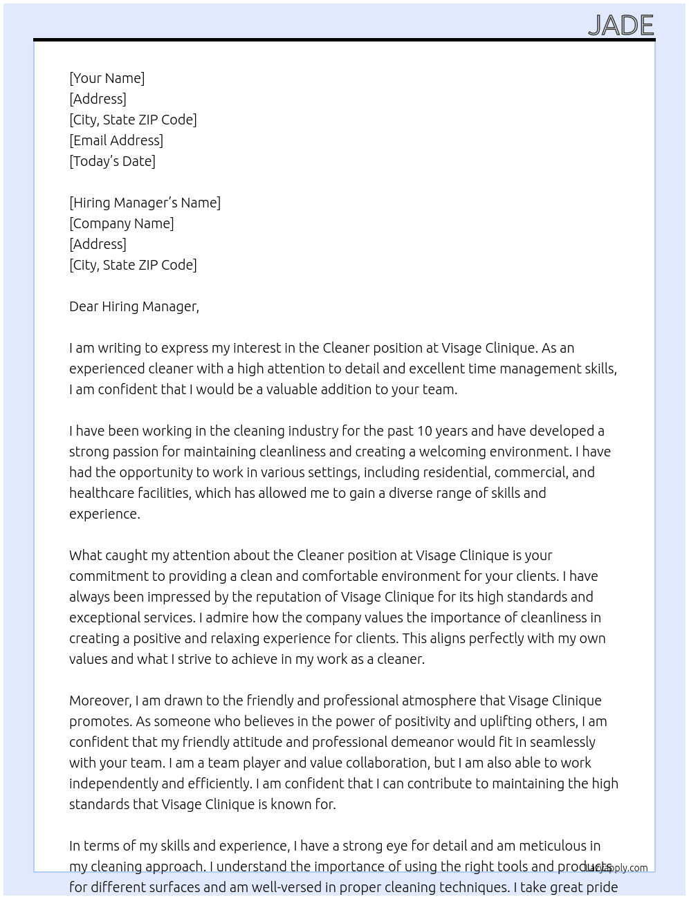 Cleaner At Visage Clinique Cover Letter