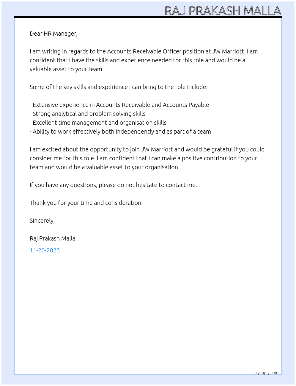 Accounts Receivable Officer At jw marriott Cover Letter