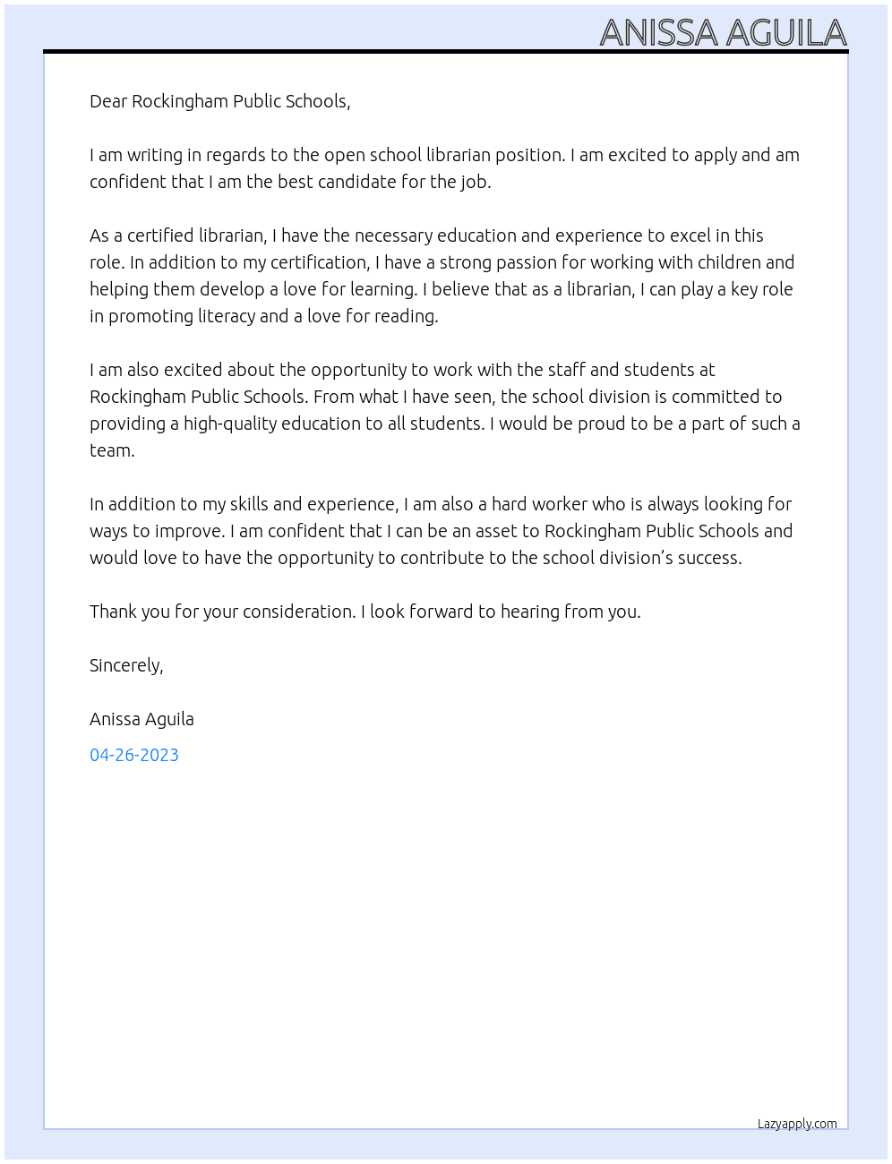 School Librarian At Rockingham County School Division Cover Letter
