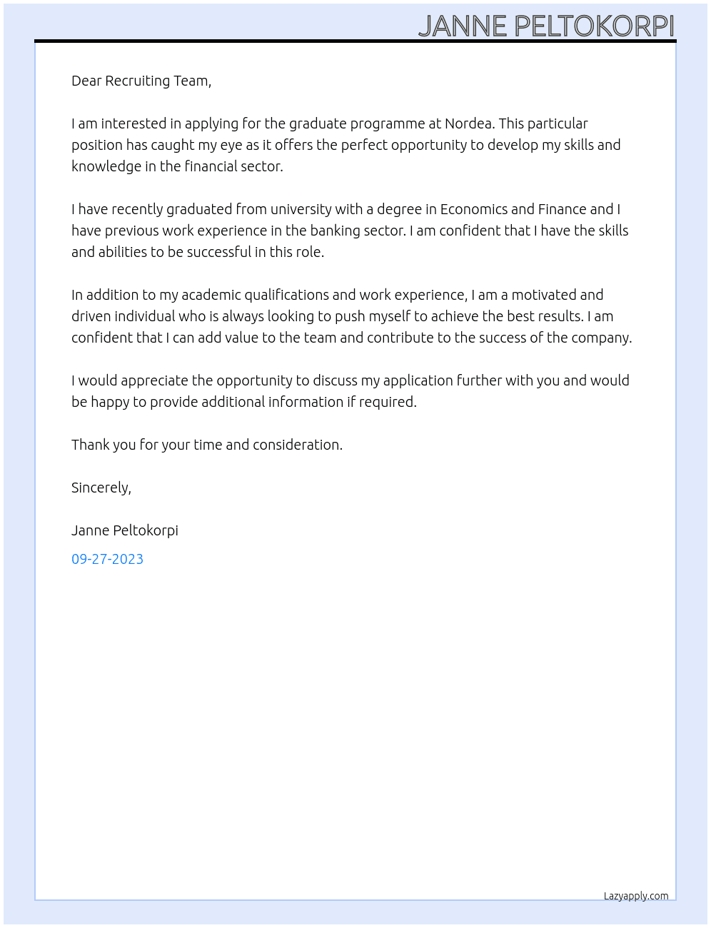 Graduate programme At Nordea Cover Letter