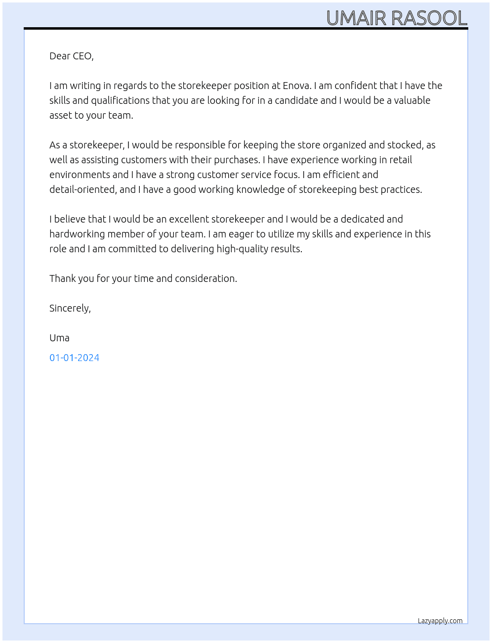 STOREKEEPER At ENOVA Cover Letter