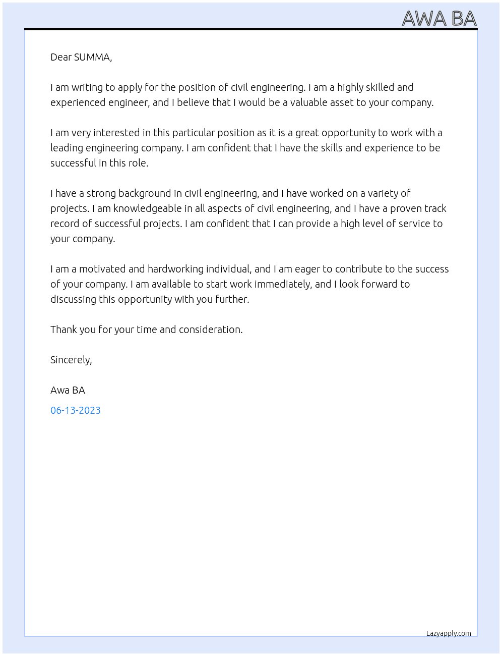 civil engineering  At SUMMA SENEGAL  Cover Letter