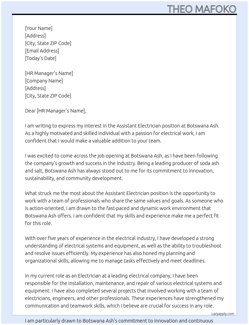 Assistant electrician At Botswana Ash  Cover Letter