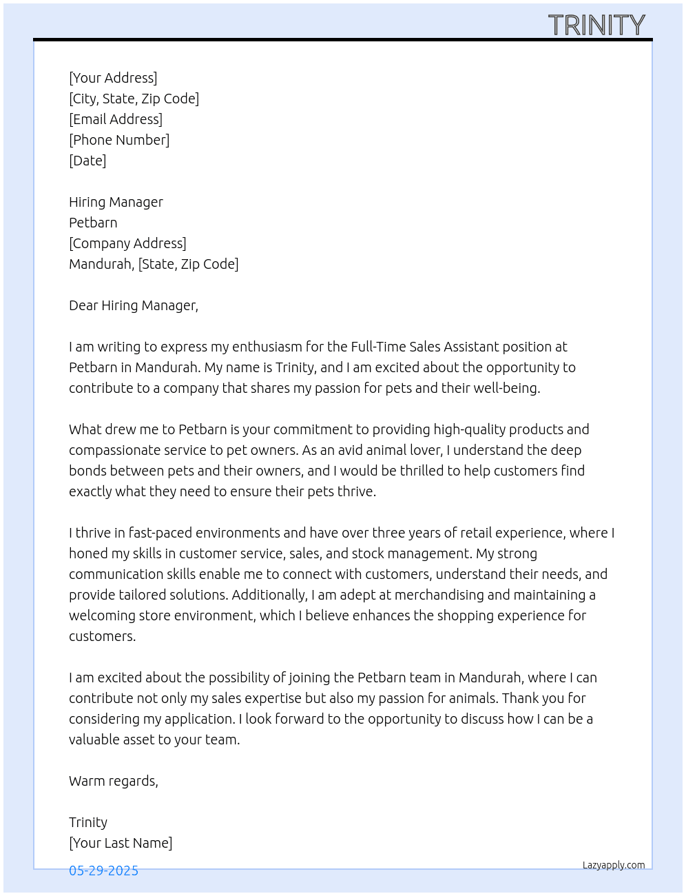 Sales assistant  At Petbarn Cover Letter