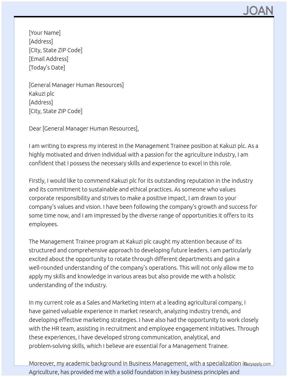 Management trainee At Kakuzi plc Cover Letter