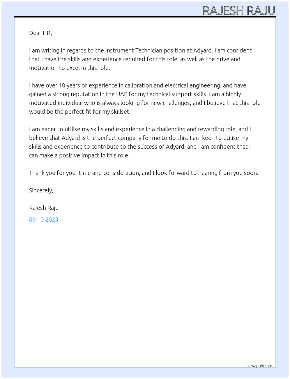 INSTRUMENT TECHNICIAN At ADYARD  Cover Letter