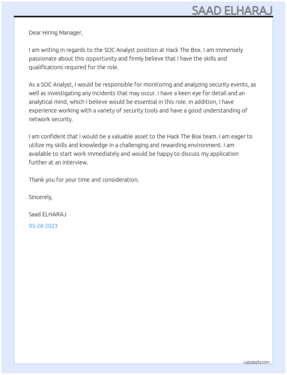 SOC Analyst At Hack The Box Cover Letter