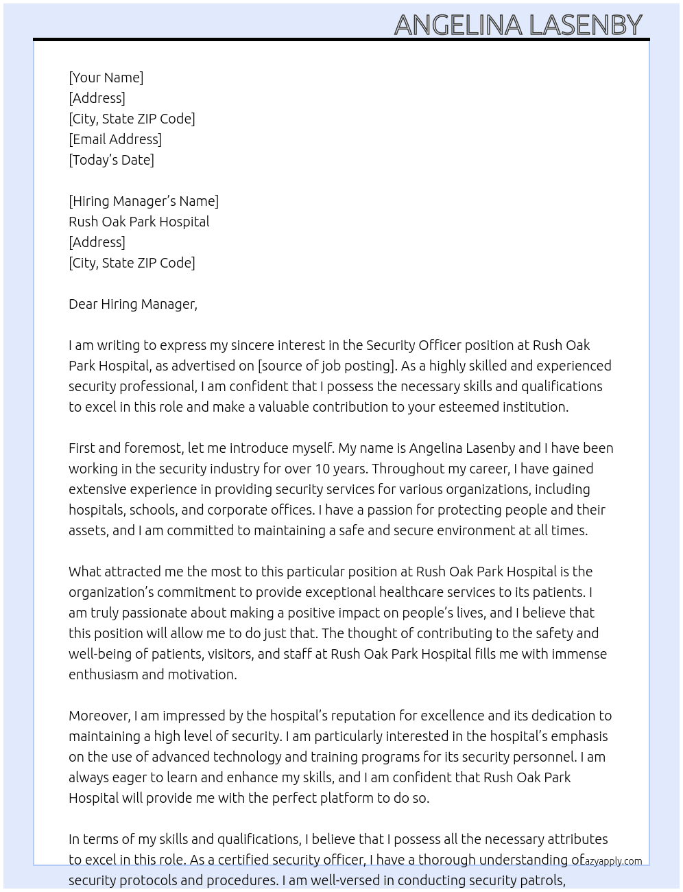 Security Officer  At Rush Oak Park Hospital  Cover Letter