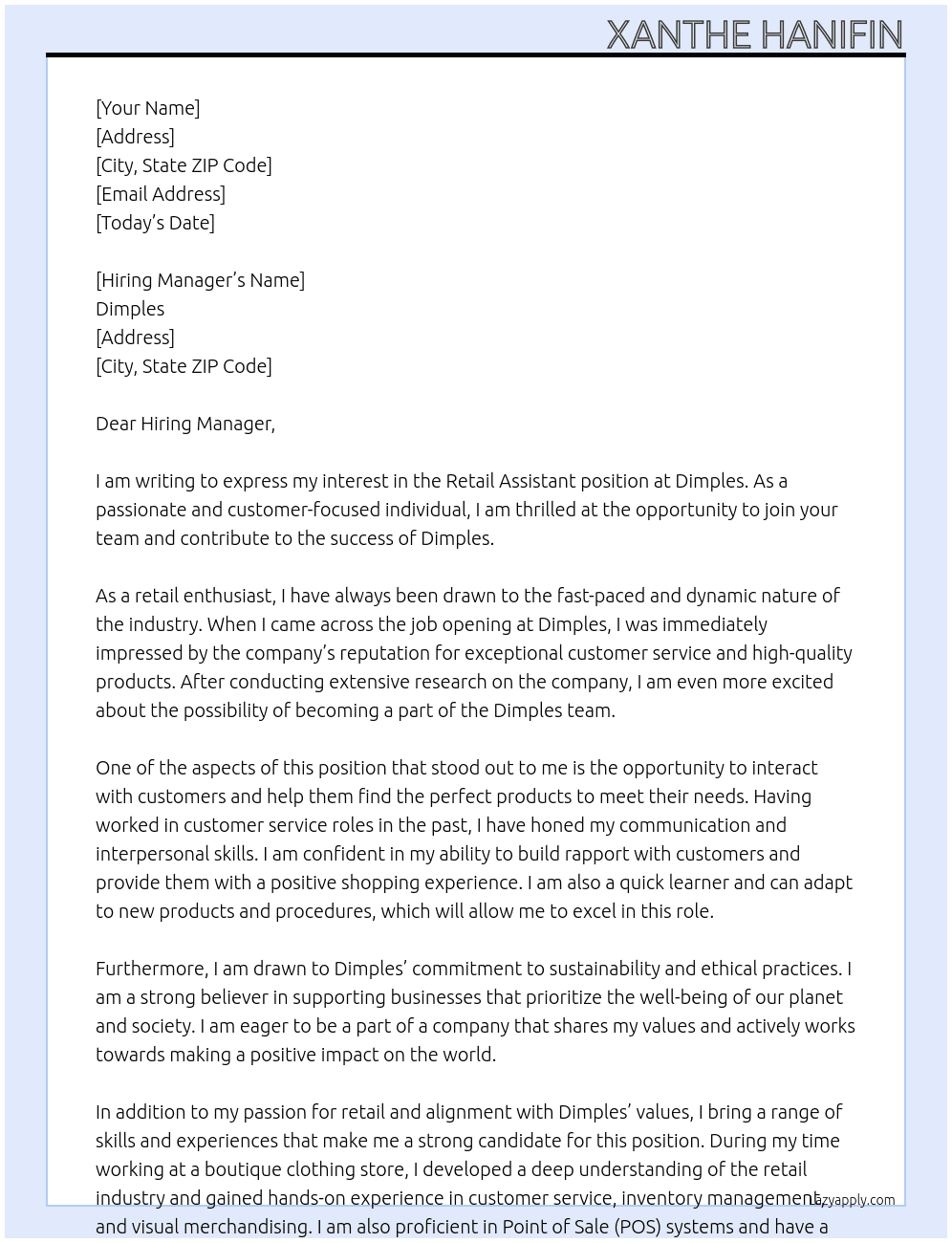 Retail Asisstant At Dimples Cover Letter