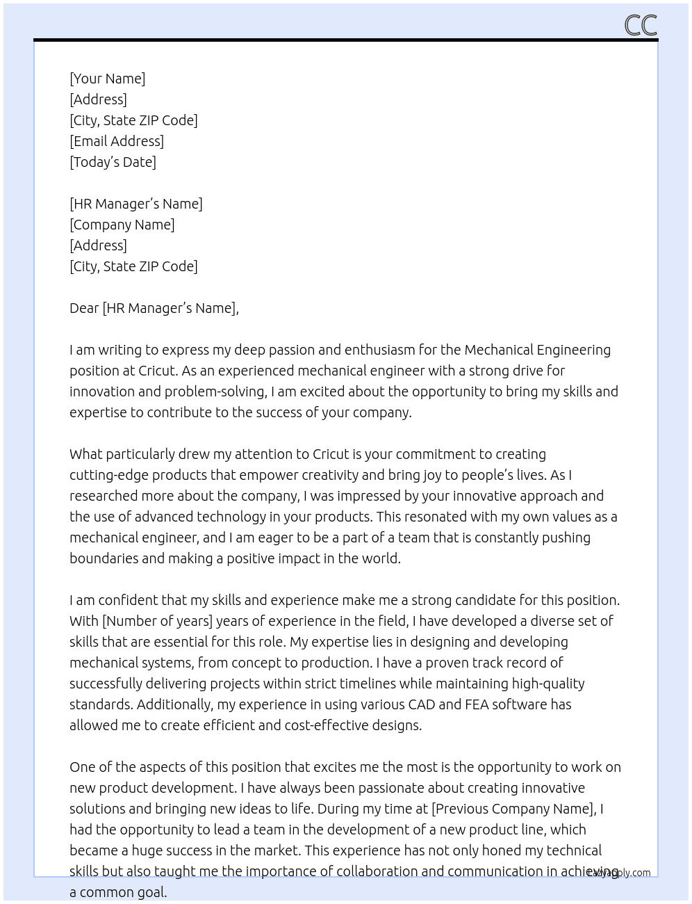 Mechanical Engineering At Cricut Cover Letter