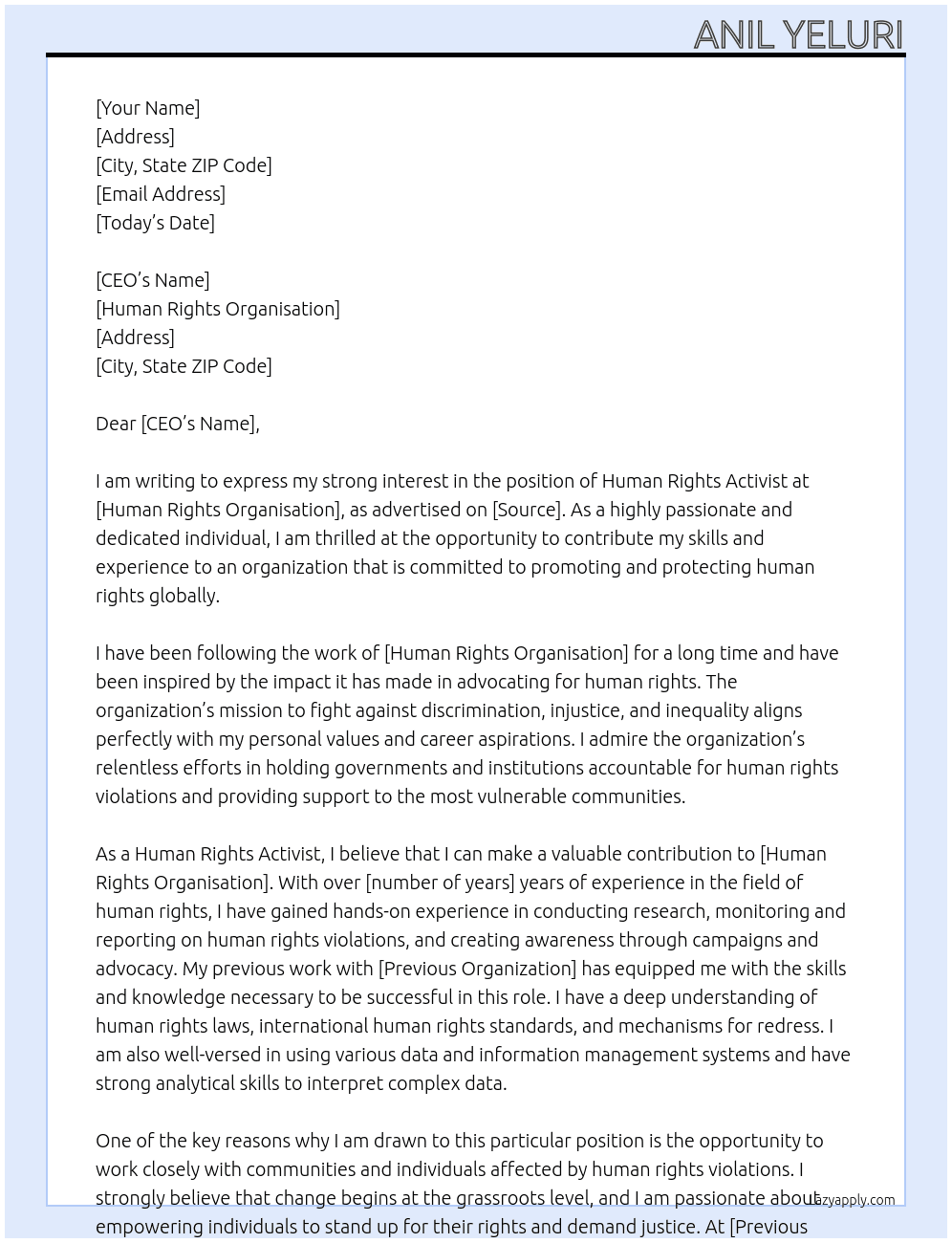 Human Rights activist At Human Rights Organisation Cover Letter