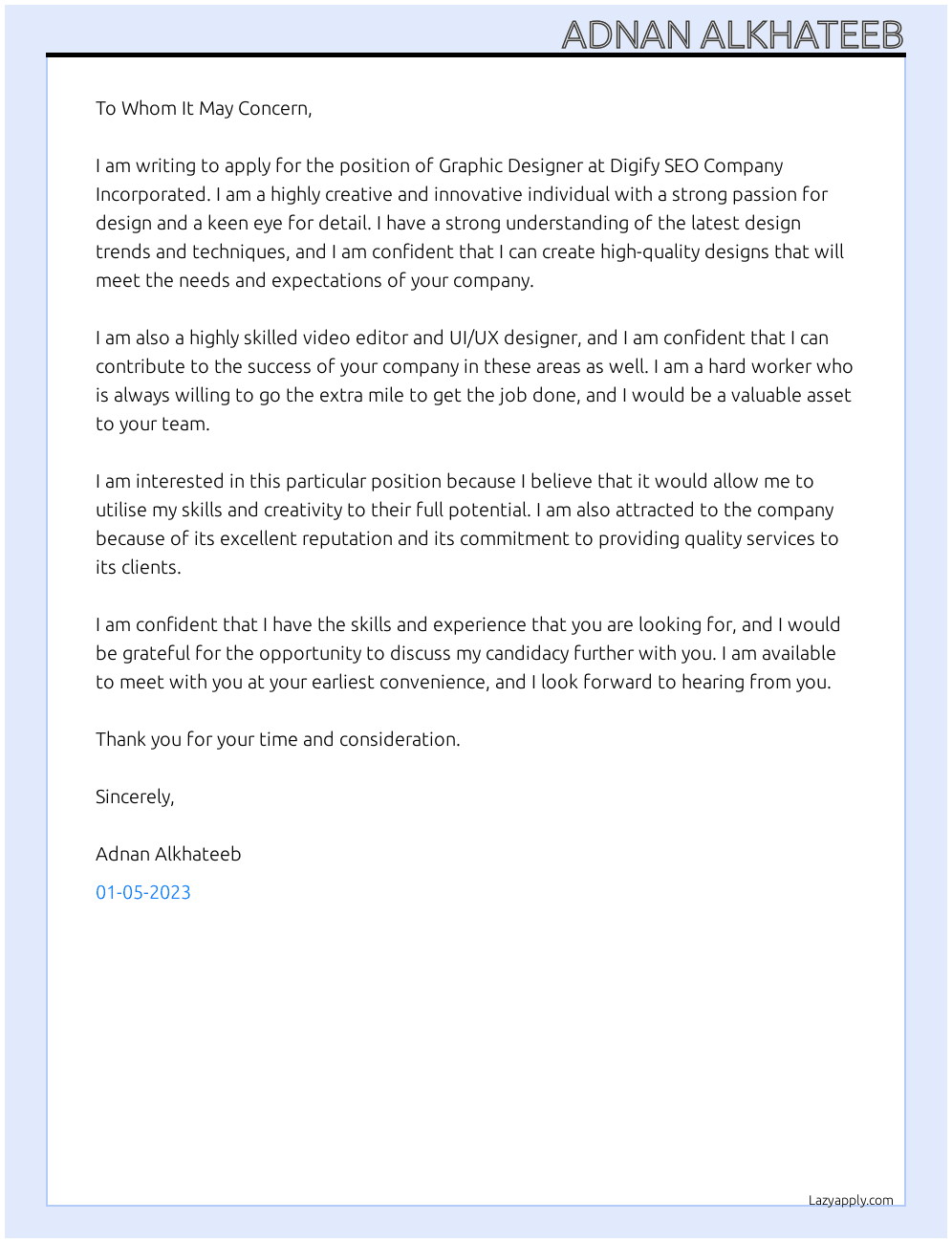 Graphic designer At digify seo company Incorporated Cover Letter