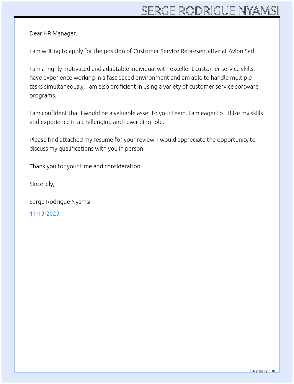 Customer Service Representative’s  At Avion Sarl Cover Letter