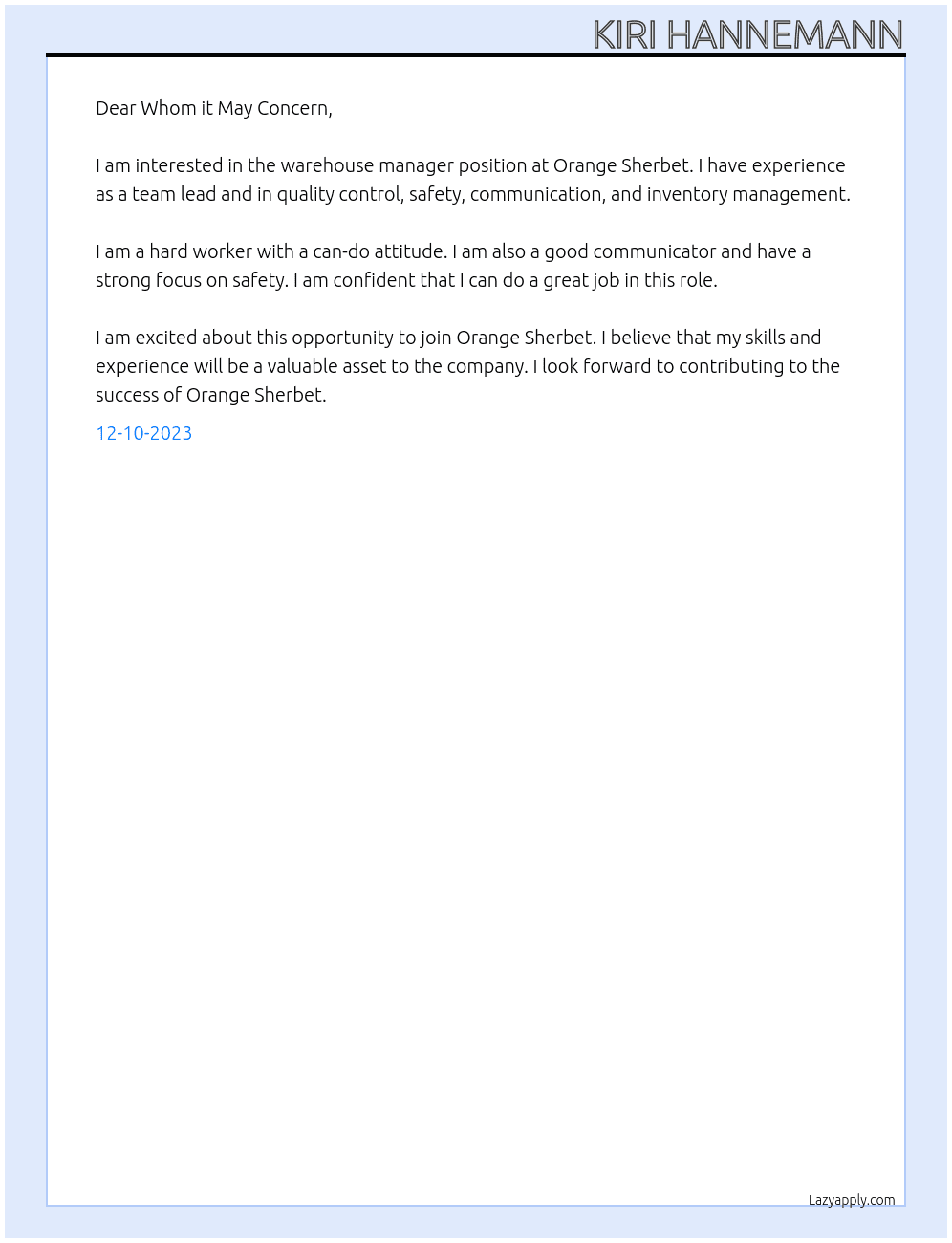 Warehosue Manager At Orange Sherbet Cover Letter