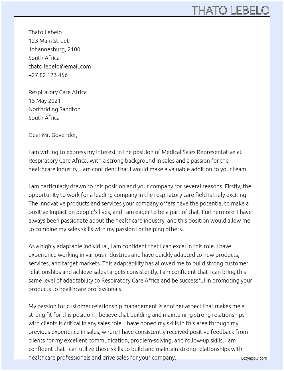 Medical Sales Representative At Respiratory Care Africa Cover Letter