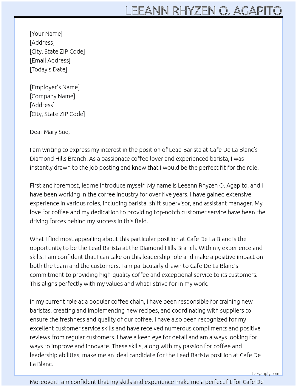 Lead  Barista At Cafe De La Blanc - Diamond Hills Branch Cover Letter