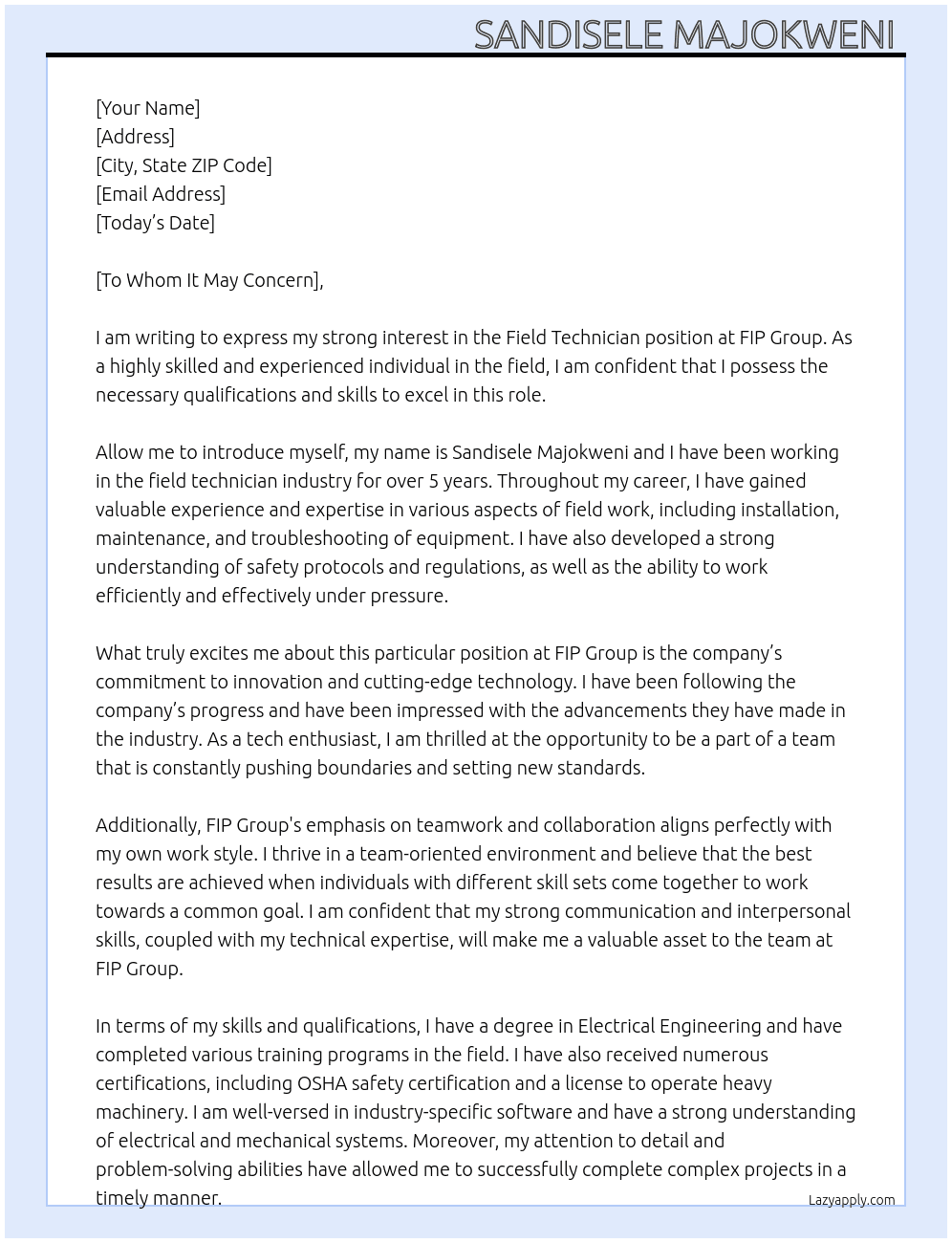 Field technician At FIP group  Cover Letter