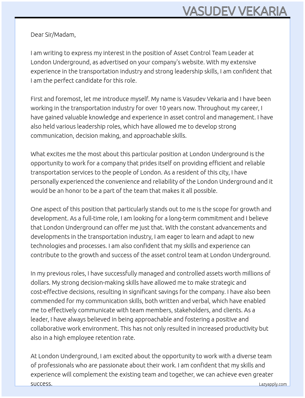 Asset control team leader  At London Underground  Cover Letter