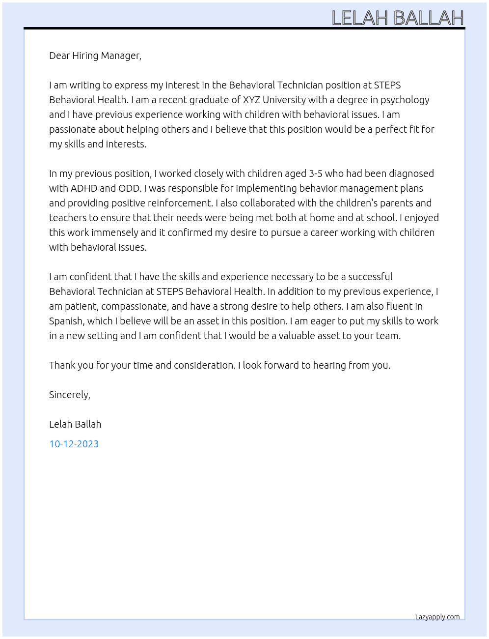 Behavioral Technician  At STEPS Behavioral Health Cover Letter