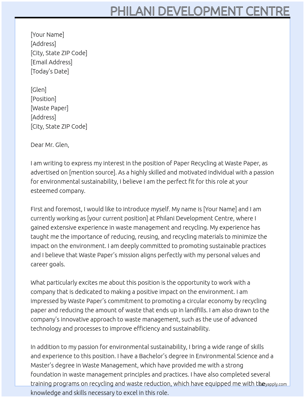 PAPER RECYCLING  At Waste paper Cover Letter