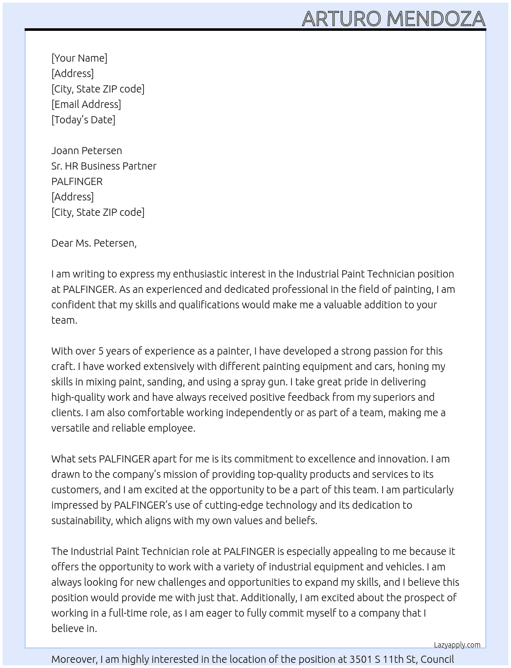 Industrial Paint Technician At PALFINGER Cover Letter