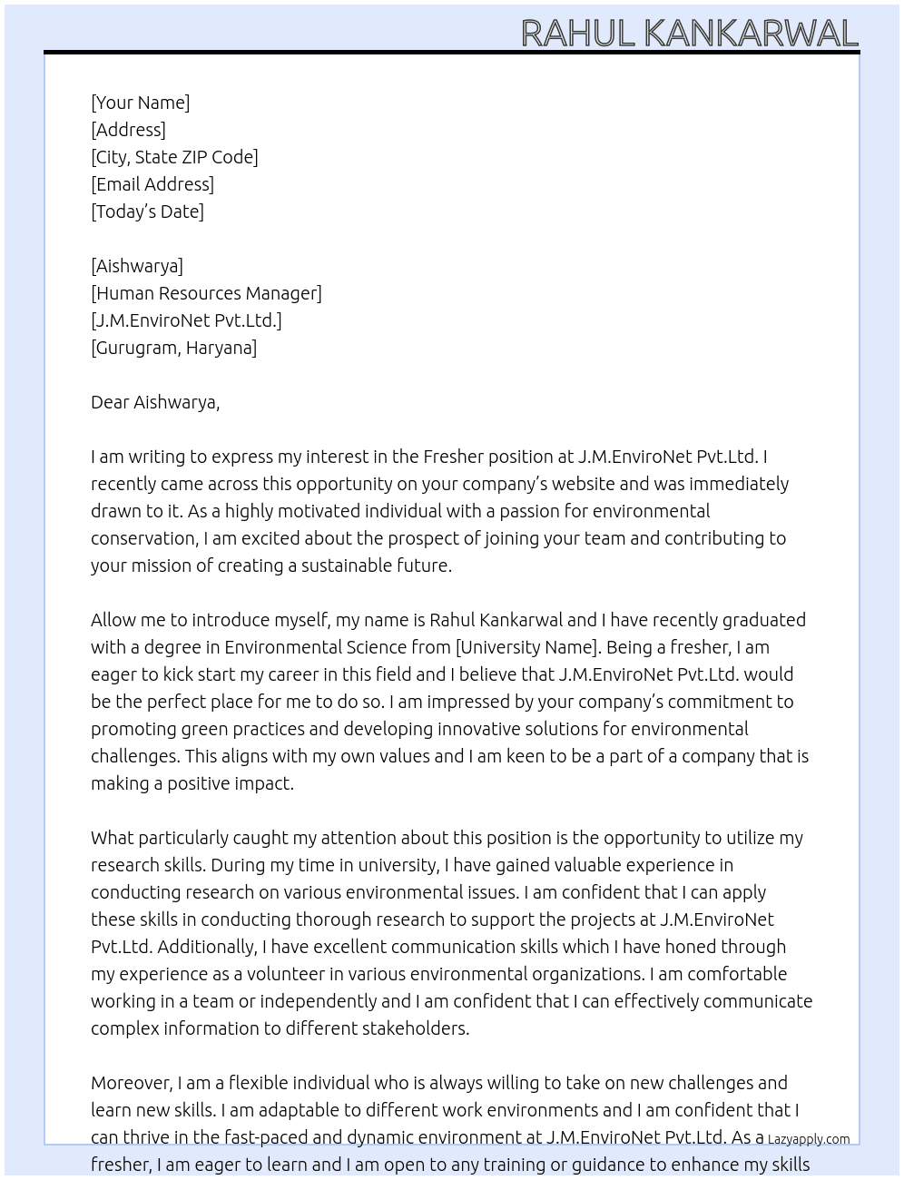 Fresher At J.M .EnviroNet Pvt.Ltd. Cover Letter