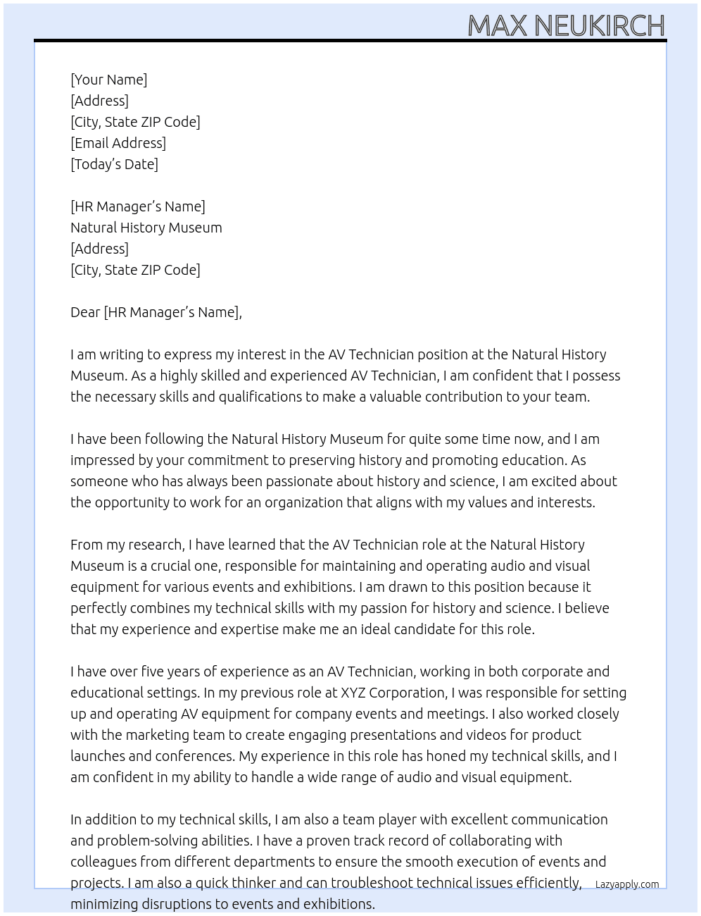 AV Technican  At Natural history Museum Cover Letter