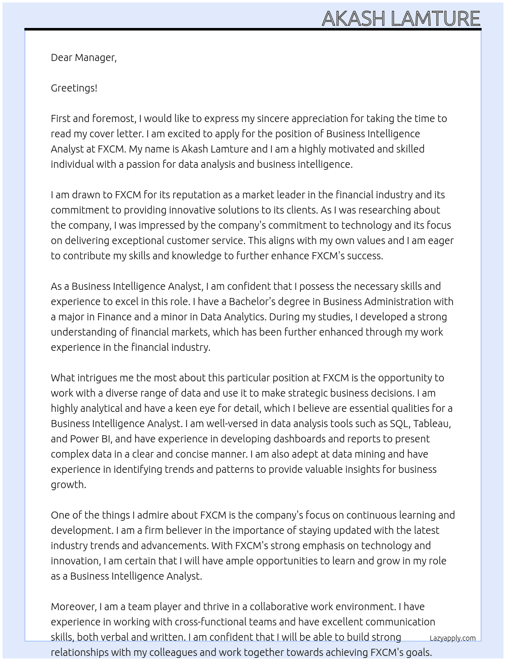 Business Intelligence Analyst At  FXCM Cover Letter