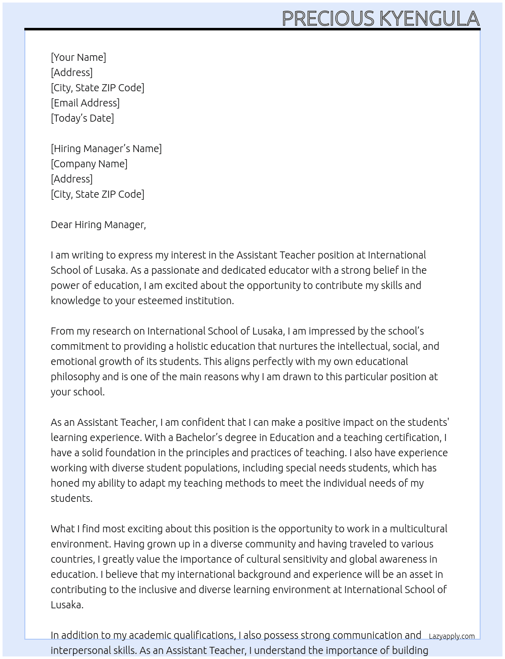 Assistant Teacher  At International school of lusaka Cover Letter