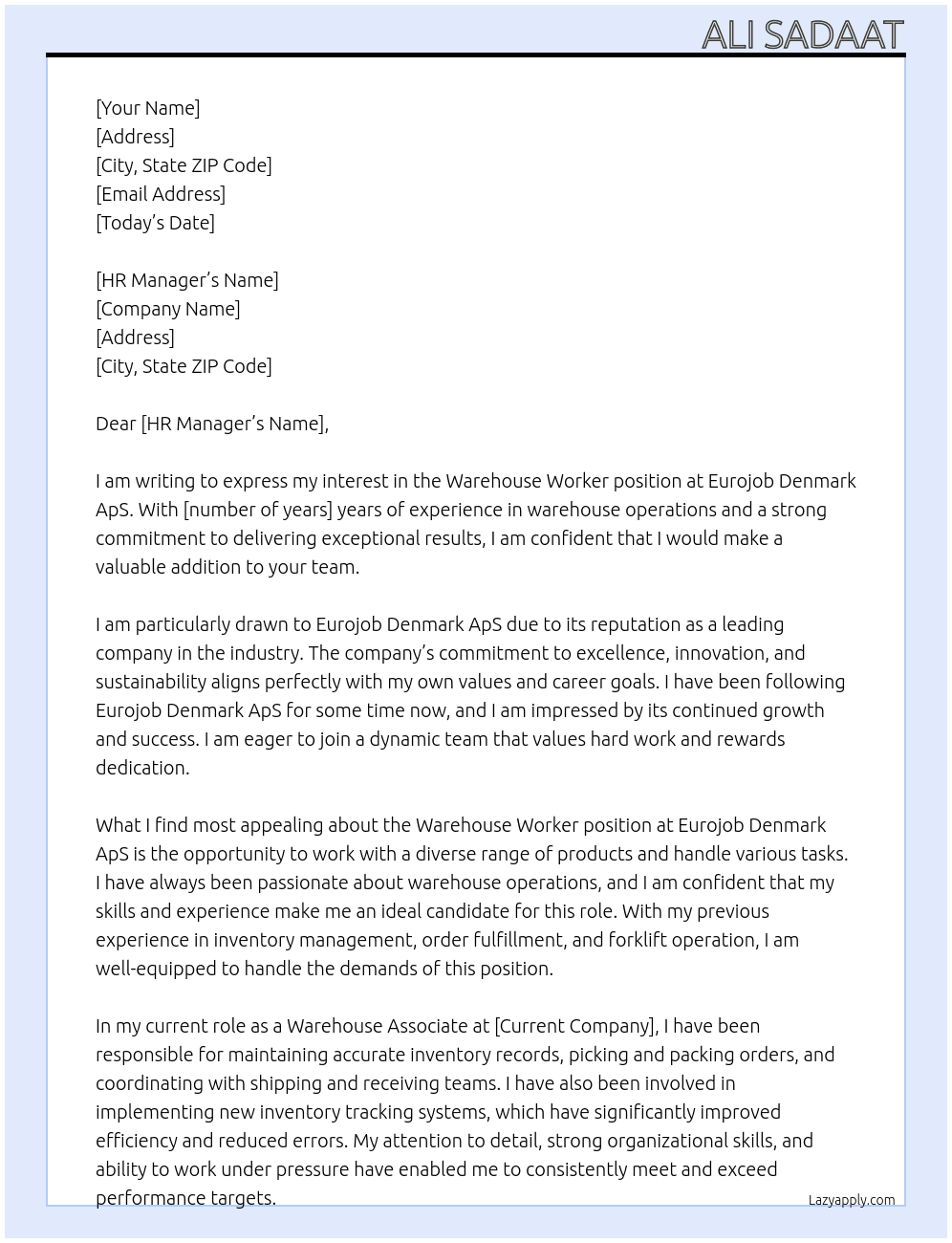 Warehouse Worker At Eurojob Denmark ApS Cover Letter